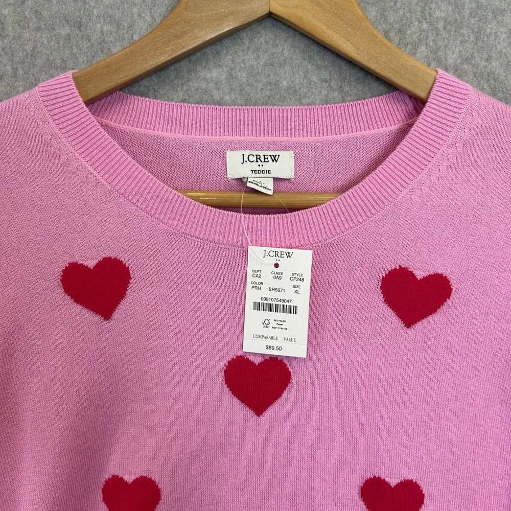 J.Crew Size XL Teddie Sweater Pink Red Heart Cotton Love Valentines Date NWT - Picture 3 of 10